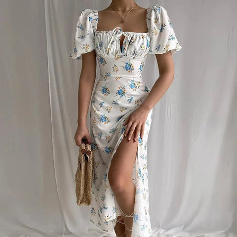 Summer Women Puff Sleeve Floral Printed Maxi Dress - American Thistle Summer Women Puff Sleeve Floral Printed Maxi Dress