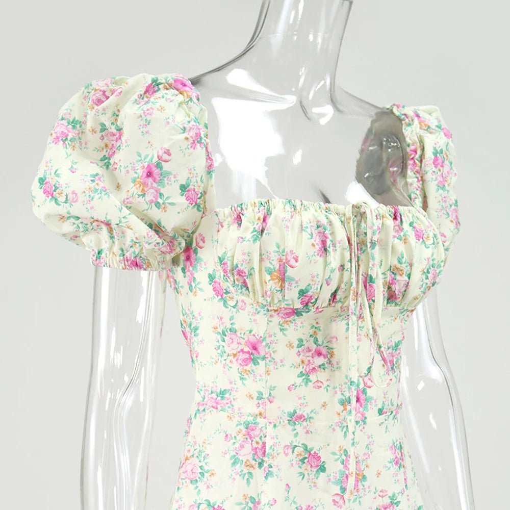 Summer Women Puff Sleeve Floral Printed Maxi Dress - American Thistle Summer Women Puff Sleeve Floral Printed Maxi Dress