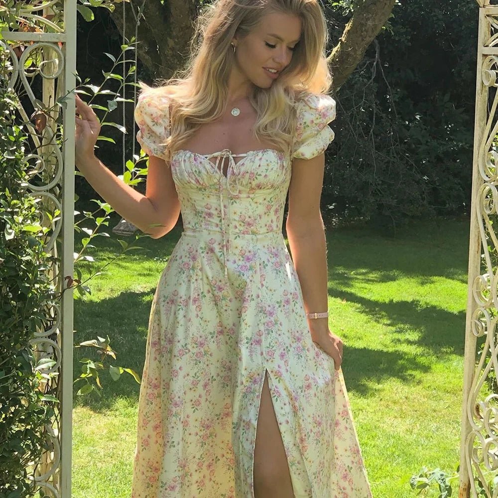 Summer Women Puff Sleeve Floral Printed Maxi Dress - American Thistle Summer Women Puff Sleeve Floral Printed Maxi Dress