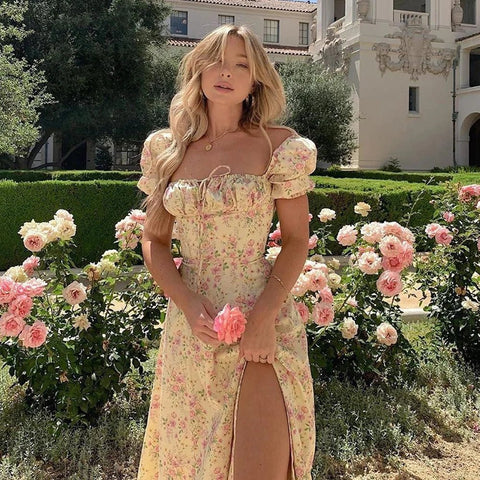 Summer Women Puff Sleeve Floral Printed Maxi Dress - American Thistle Summer Women Puff Sleeve Floral Printed Maxi Dress