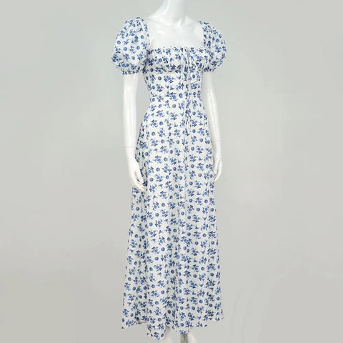 Summer Women Puff Sleeve Floral Printed Maxi Dress - American Thistle Summer Women Puff Sleeve Floral Printed Maxi Dress