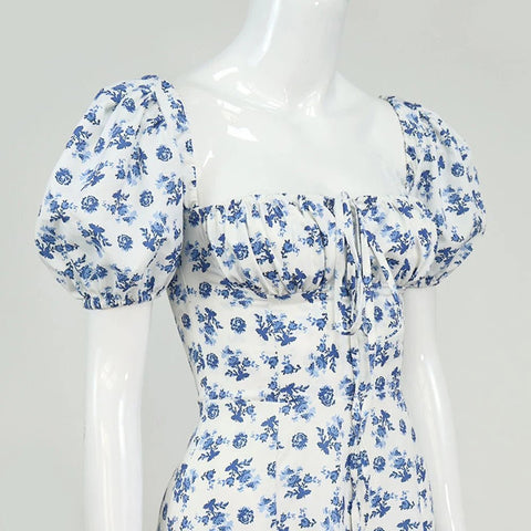 Summer Women Puff Sleeve Floral Printed Maxi Dress - American Thistle Summer Women Puff Sleeve Floral Printed Maxi Dress