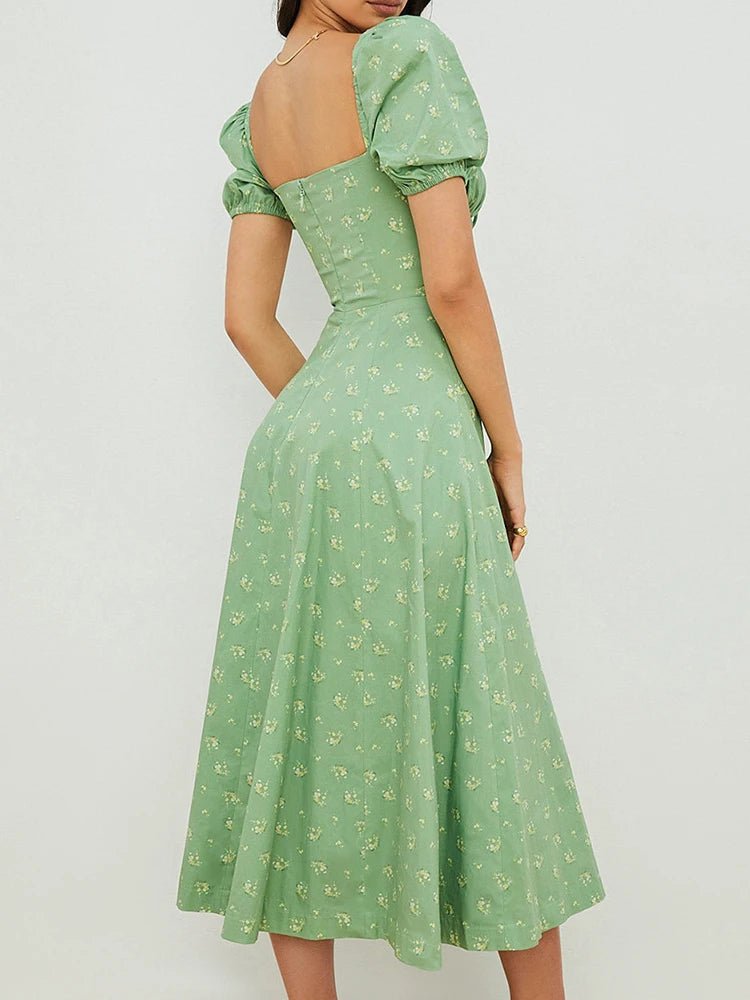 Summer Women Puff Sleeve Floral Printed Maxi Dress - American Thistle Summer Women Puff Sleeve Floral Printed Maxi Dress