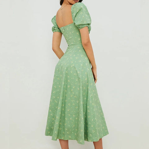 Summer Women Puff Sleeve Floral Printed Maxi Dress - American Thistle Summer Women Puff Sleeve Floral Printed Maxi Dress