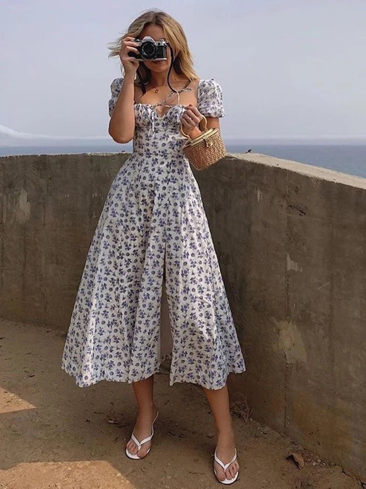 Summer Women Puff Sleeve Floral Printed Maxi Dress - American Thistle Summer Women Puff Sleeve Floral Printed Maxi Dress