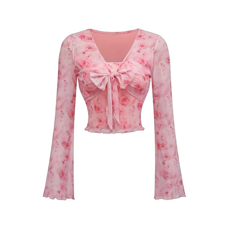 Summer Women's Floral Printed Sweet V - Neck Mesh Long Sleeve - American Thistle Summer Women's Floral Printed Sweet V - Neck Mesh Long Sleeve