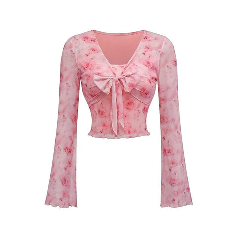 Summer Women's Floral Printed Sweet V - Neck Mesh Long Sleeve - American Thistle Summer Women's Floral Printed Sweet V - Neck Mesh Long Sleeve