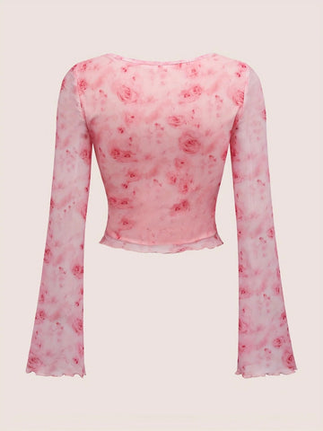 Summer Women's Floral Printed Sweet V - Neck Mesh Long Sleeve - American Thistle Summer Women's Floral Printed Sweet V - Neck Mesh Long Sleeve