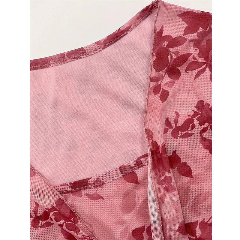 Summer Women's Floral Printed Sweet V - Neck Mesh Long Sleeve - American Thistle Summer Women's Floral Printed Sweet V - Neck Mesh Long Sleeve