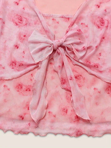 Summer Women's Floral Printed Sweet V - Neck Mesh Long Sleeve - American Thistle Summer Women's Floral Printed Sweet V - Neck Mesh Long Sleeve