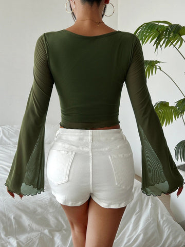 Summer Women's Floral Printed Sweet V - Neck Mesh Long Sleeve - American Thistle Summer Women's Floral Printed Sweet V - Neck Mesh Long Sleeve