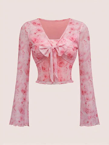 Summer Women's Floral Printed Sweet V - Neck Mesh Long Sleeve - American Thistle Summer Women's Floral Printed Sweet V - Neck Mesh Long Sleeve