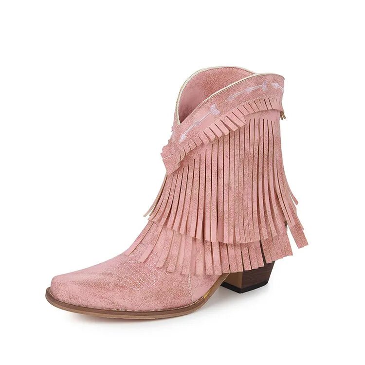 Trend Tassel Western Boots Women 2025 New Pink Fringe Cowboy Boots Chunky Heels Cowgirls Short Ankle Booties Goth Shoes - American ThistleTrend Tassel Western Boots Women 2025 New Pink Fringe Cowboy Boots Chunky Heels Cowgirls Short Ankle Booties Goth Shoes