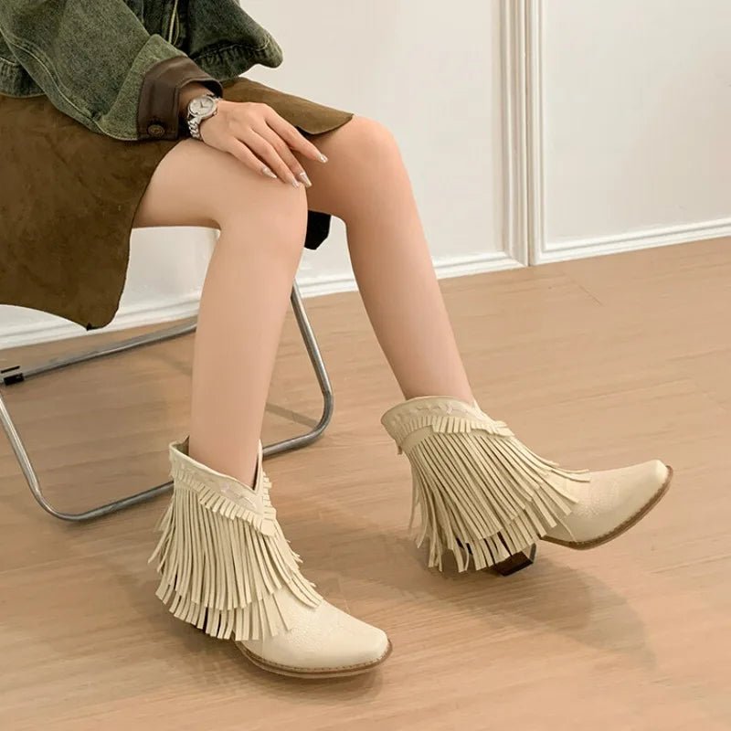 Trend Tassel Western Boots Women 2025 New Pink Fringe Cowboy Boots Chunky Heels Cowgirls Short Ankle Booties Goth Shoes - American ThistleTrend Tassel Western Boots Women 2025 New Pink Fringe Cowboy Boots Chunky Heels Cowgirls Short Ankle Booties Goth Shoes