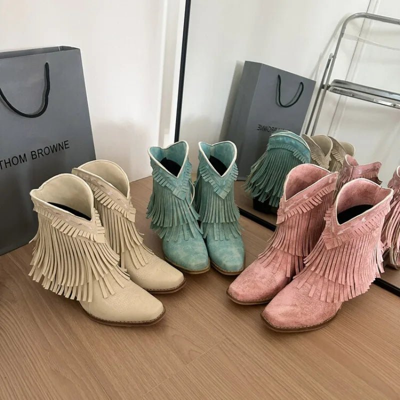 Trend Tassel Western Boots Women 2025 New Pink Fringe Cowboy Boots Chunky Heels Cowgirls Short Ankle Booties Goth Shoes - American ThistleTrend Tassel Western Boots Women 2025 New Pink Fringe Cowboy Boots Chunky Heels Cowgirls Short Ankle Booties Goth Shoes