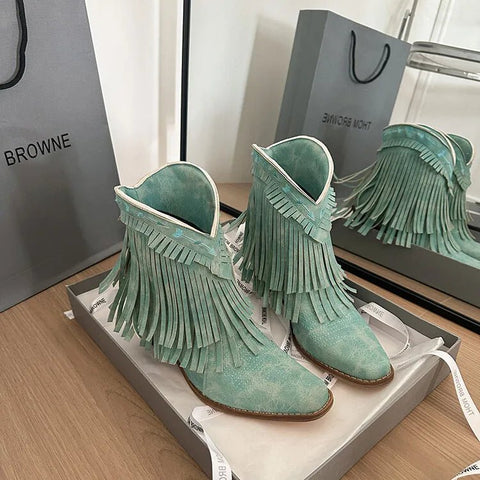 Trend Tassel Western Boots Women 2025 New Pink Fringe Cowboy Boots Chunky Heels Cowgirls Short Ankle Booties Goth Shoes - American ThistleTrend Tassel Western Boots Women 2025 New Pink Fringe Cowboy Boots Chunky Heels Cowgirls Short Ankle Booties Goth Shoes