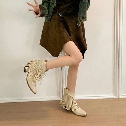 Trend Tassel Western Boots Women 2025 New Pink Fringe Cowboy Boots Chunky Heels Cowgirls Short Ankle Booties Goth Shoes - American ThistleTrend Tassel Western Boots Women 2025 New Pink Fringe Cowboy Boots Chunky Heels Cowgirls Short Ankle Booties Goth Shoes