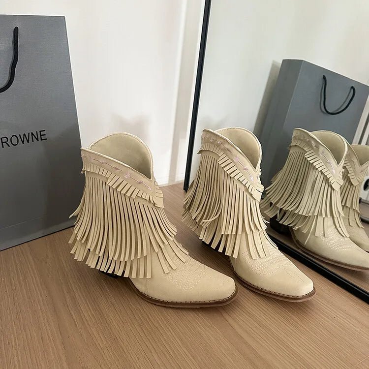 Trend Tassel Western Boots Women 2025 New Pink Fringe Cowboy Boots Chunky Heels Cowgirls Short Ankle Booties Goth Shoes - American ThistleTrend Tassel Western Boots Women 2025 New Pink Fringe Cowboy Boots Chunky Heels Cowgirls Short Ankle Booties Goth Shoes