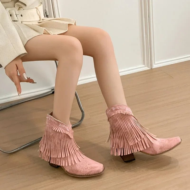 Trend Tassel Western Boots Women 2025 New Pink Fringe Cowboy Boots Chunky Heels Cowgirls Short Ankle Booties Goth Shoes - American ThistleTrend Tassel Western Boots Women 2025 New Pink Fringe Cowboy Boots Chunky Heels Cowgirls Short Ankle Booties Goth Shoes