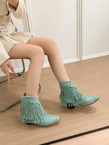 Trend Tassel Western Boots Women 2025 New Pink Fringe Cowboy Boots Chunky Heels Cowgirls Short Ankle Booties Goth Shoes - American ThistleTrend Tassel Western Boots Women 2025 New Pink Fringe Cowboy Boots Chunky Heels Cowgirls Short Ankle Booties Goth Shoes