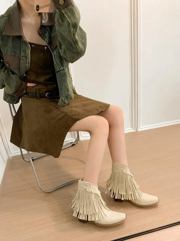 Trend Tassel Western Boots Women 2025 New Pink Fringe Cowboy Boots Chunky Heels Cowgirls Short Ankle Booties Goth Shoes - American ThistleTrend Tassel Western Boots Women 2025 New Pink Fringe Cowboy Boots Chunky Heels Cowgirls Short Ankle Booties Goth Shoes