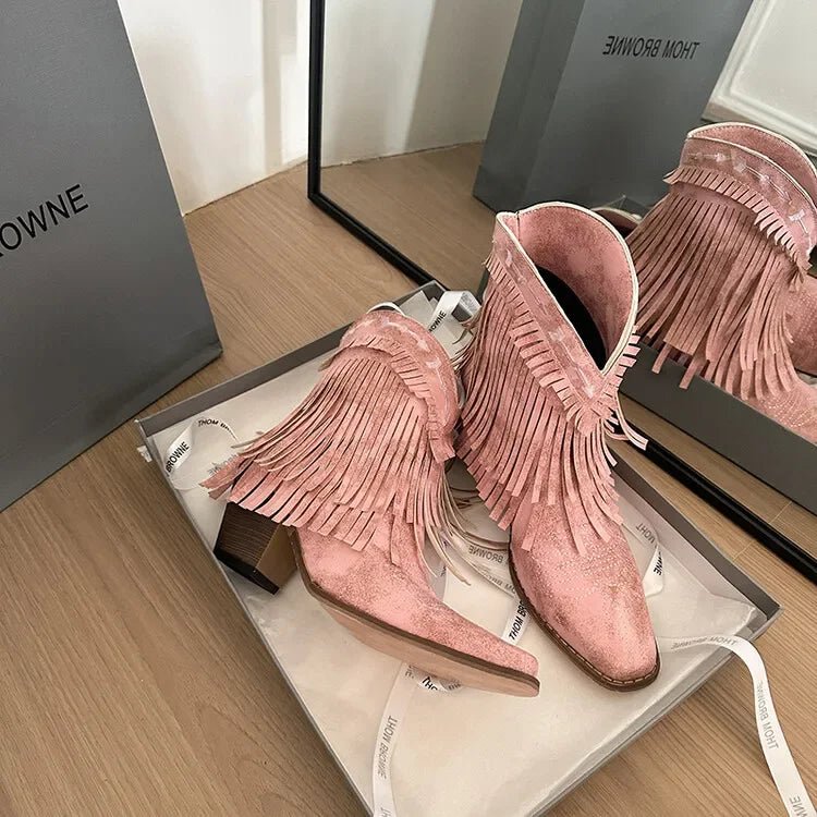 Trend Tassel Western Boots Women 2025 New Pink Fringe Cowboy Boots Chunky Heels Cowgirls Short Ankle Booties Goth Shoes - American ThistleTrend Tassel Western Boots Women 2025 New Pink Fringe Cowboy Boots Chunky Heels Cowgirls Short Ankle Booties Goth Shoes