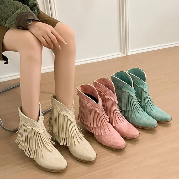 Trend Tassel Western Boots Women 2025 New Pink Fringe Cowboy Boots Chunky Heels Cowgirls Short Ankle Booties Goth Shoes - American ThistleTrend Tassel Western Boots Women 2025 New Pink Fringe Cowboy Boots Chunky Heels Cowgirls Short Ankle Booties Goth Shoes