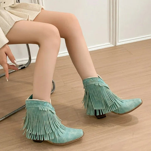 Trend Tassel Western Boots Women 2025 New Pink Fringe Cowboy Boots Chunky Heels Cowgirls Short Ankle Booties Goth Shoes - American ThistleTrend Tassel Western Boots Women 2025 New Pink Fringe Cowboy Boots Chunky Heels Cowgirls Short Ankle Booties Goth Shoes