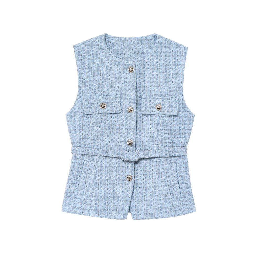 Tweed Waistcoat with Belt, O Neck, Sleeveless, Front Button, Female Outerwear, Chic Tops - American Thistle Tweed Waistcoat with Belt, O Neck, Sleeveless, Front Button, Female Outerwear, Chic Tops