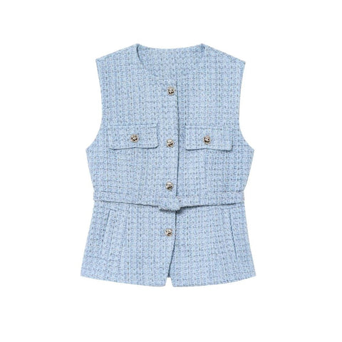 Tweed Waistcoat with Belt, O Neck, Sleeveless, Front Button, Female Outerwear, Chic Tops - American Thistle Tweed Waistcoat with Belt, O Neck, Sleeveless, Front Button, Female Outerwear, Chic Tops