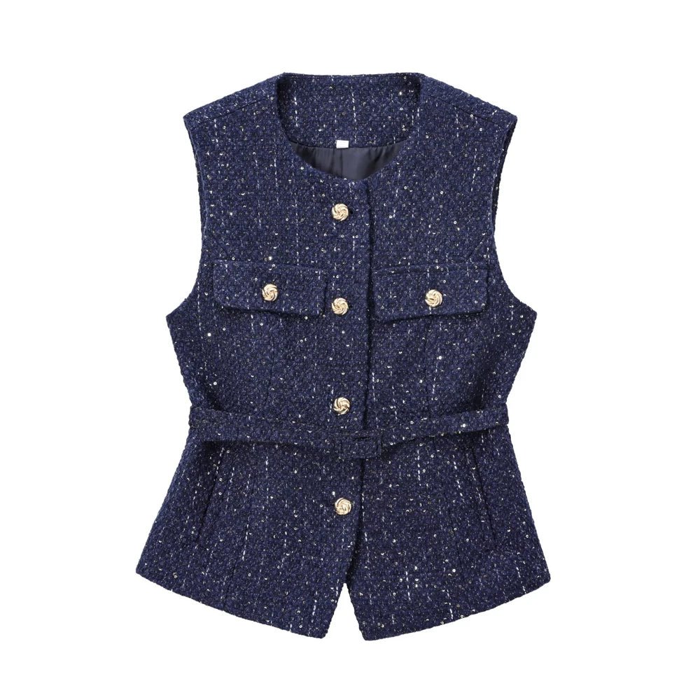 Tweed Waistcoat with Belt, O Neck, Sleeveless, Front Button, Female Outerwear, Chic Tops - American Thistle Tweed Waistcoat with Belt, O Neck, Sleeveless, Front Button, Female Outerwear, Chic Tops