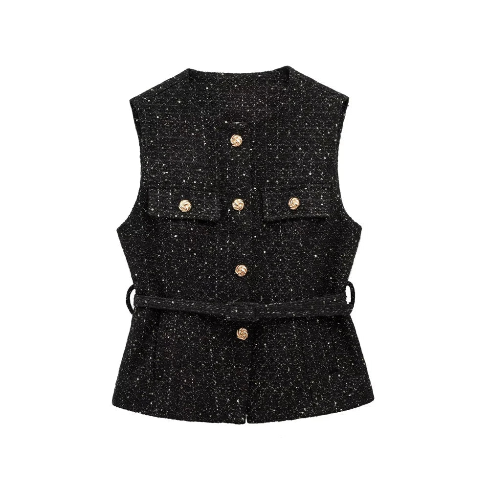 Tweed Waistcoat with Belt, O Neck, Sleeveless, Front Button, Female Outerwear, Chic Tops - American Thistle Tweed Waistcoat with Belt, O Neck, Sleeveless, Front Button, Female Outerwear, Chic Tops