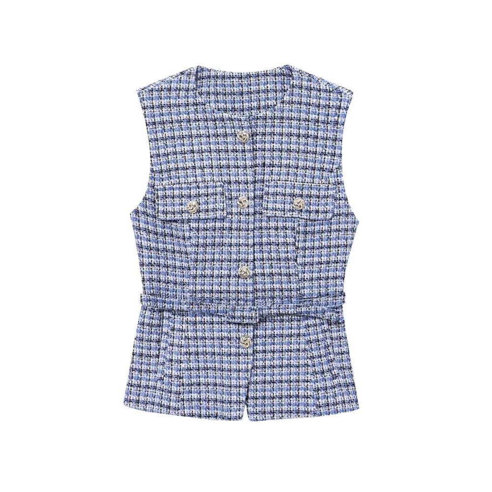 Tweed Waistcoat with Belt, O Neck, Sleeveless, Front Button, Female Outerwear, Chic Tops - American Thistle Tweed Waistcoat with Belt, O Neck, Sleeveless, Front Button, Female Outerwear, Chic Tops