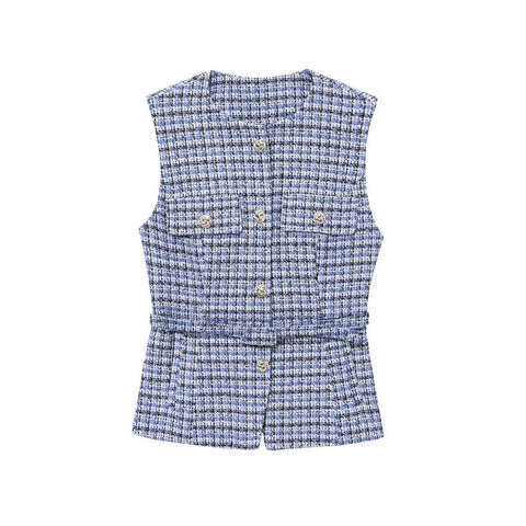 Tweed Waistcoat with Belt, O Neck, Sleeveless, Front Button, Female Outerwear, Chic Tops - American Thistle Tweed Waistcoat with Belt, O Neck, Sleeveless, Front Button, Female Outerwear, Chic Tops
