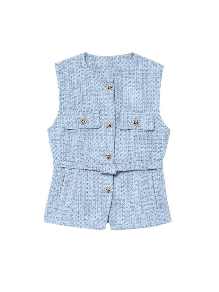 Tweed Waistcoat with Belt, O Neck, Sleeveless, Front Button, Female Outerwear, Chic Tops - American Thistle Tweed Waistcoat with Belt, O Neck, Sleeveless, Front Button, Female Outerwear, Chic Tops