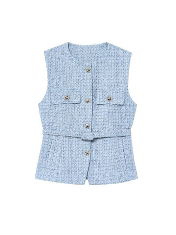 Tweed Waistcoat with Belt, O Neck, Sleeveless, Front Button, Female Outerwear, Chic Tops - American Thistle Tweed Waistcoat with Belt, O Neck, Sleeveless, Front Button, Female Outerwear, Chic Tops