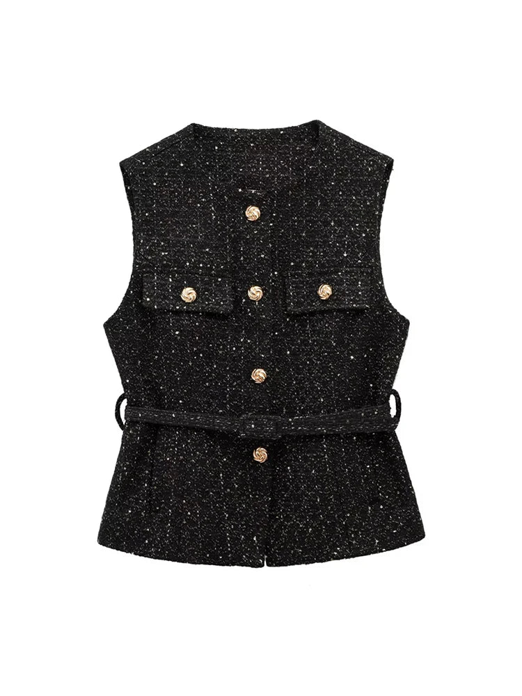 Tweed Waistcoat with Belt, O Neck, Sleeveless, Front Button, Female Outerwear, Chic Tops - American Thistle Tweed Waistcoat with Belt, O Neck, Sleeveless, Front Button, Female Outerwear, Chic Tops