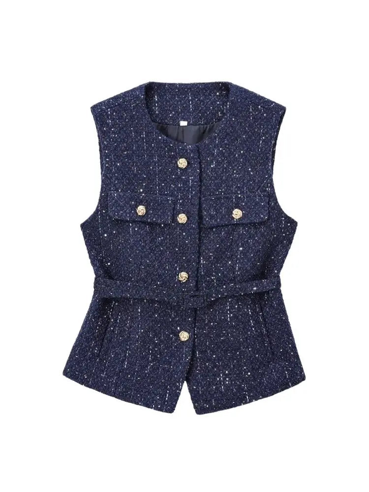 Tweed Waistcoat with Belt, O Neck, Sleeveless, Front Button, Female Outerwear, Chic Tops - American Thistle Tweed Waistcoat with Belt, O Neck, Sleeveless, Front Button, Female Outerwear, Chic Tops