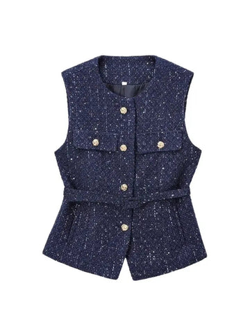 Tweed Waistcoat with Belt, O Neck, Sleeveless, Front Button, Female Outerwear, Chic Tops - American Thistle Tweed Waistcoat with Belt, O Neck, Sleeveless, Front Button, Female Outerwear, Chic Tops