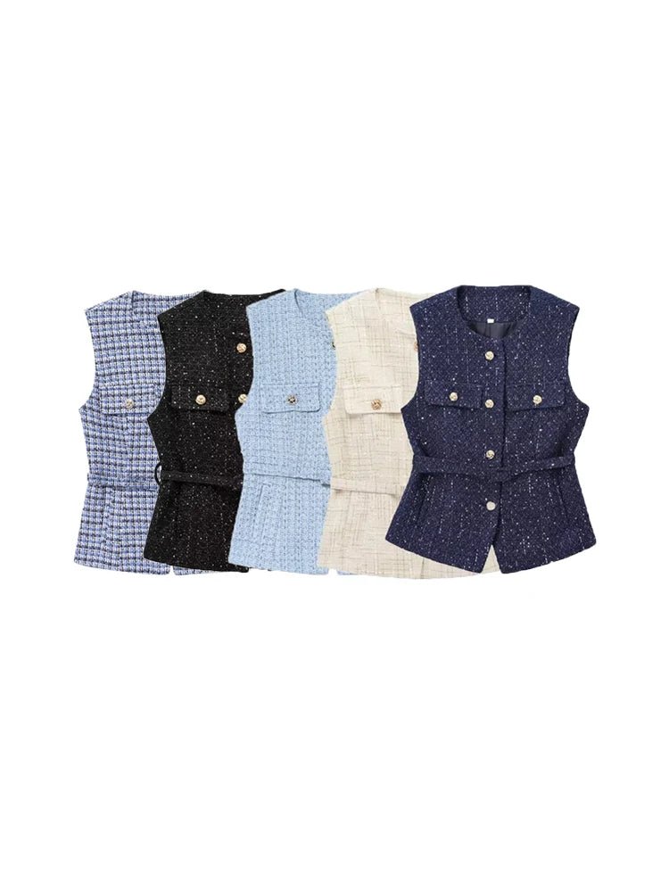 Tweed Waistcoat with Belt, O Neck, Sleeveless, Front Button, Female Outerwear, Chic Tops - American Thistle Tweed Waistcoat with Belt, O Neck, Sleeveless, Front Button, Female Outerwear, Chic Tops
