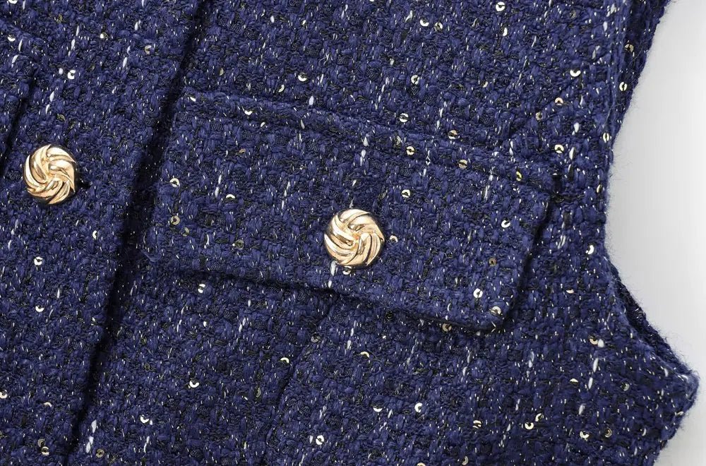 Tweed Waistcoat with Belt, O Neck, Sleeveless, Front Button, Female Outerwear, Chic Tops - American Thistle Tweed Waistcoat with Belt, O Neck, Sleeveless, Front Button, Female Outerwear, Chic Tops