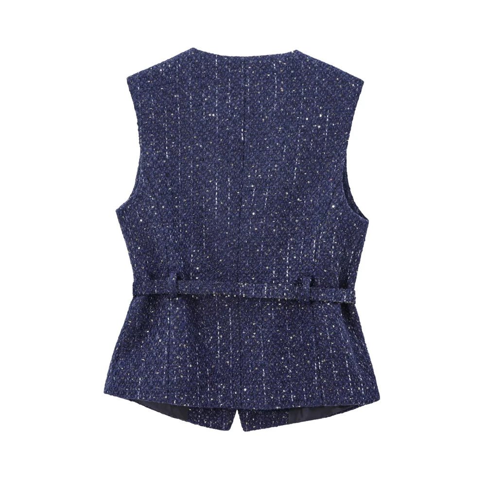 Tweed Waistcoat with Belt, O Neck, Sleeveless, Front Button, Female Outerwear, Chic Tops - American Thistle Tweed Waistcoat with Belt, O Neck, Sleeveless, Front Button, Female Outerwear, Chic Tops