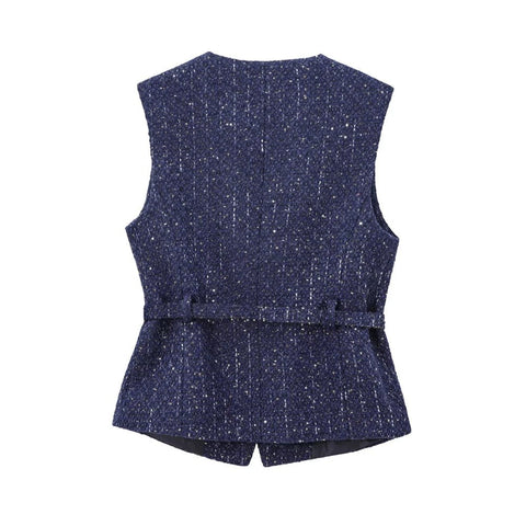 Tweed Waistcoat with Belt, O Neck, Sleeveless, Front Button, Female Outerwear, Chic Tops - American Thistle Tweed Waistcoat with Belt, O Neck, Sleeveless, Front Button, Female Outerwear, Chic Tops