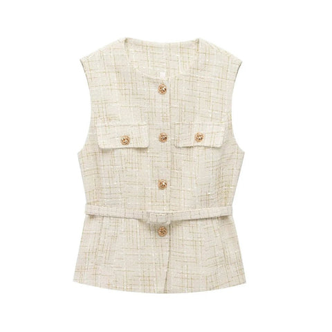 Tweed Waistcoat with Belt, O Neck, Sleeveless, Front Button, Female Outerwear, Chic Tops - American Thistle Tweed Waistcoat with Belt, O Neck, Sleeveless, Front Button, Female Outerwear, Chic Tops