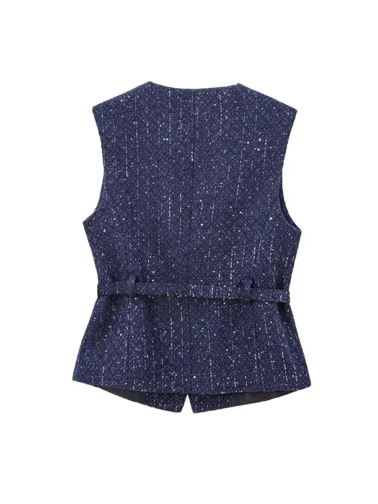 Tweed Waistcoat with Belt, O Neck, Sleeveless, Front Button, Female Outerwear, Chic Tops - American Thistle Tweed Waistcoat with Belt, O Neck, Sleeveless, Front Button, Female Outerwear, Chic Tops