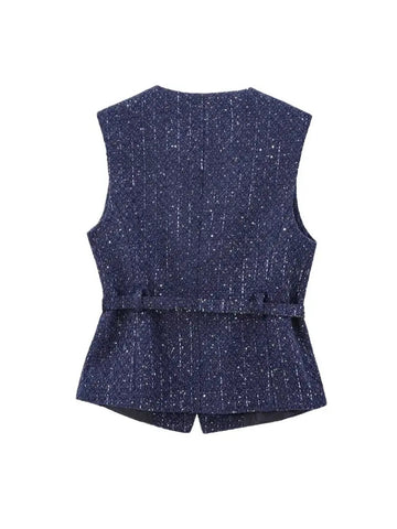Tweed Waistcoat with Belt, O Neck, Sleeveless, Front Button, Female Outerwear, Chic Tops - American Thistle Tweed Waistcoat with Belt, O Neck, Sleeveless, Front Button, Female Outerwear, Chic Tops