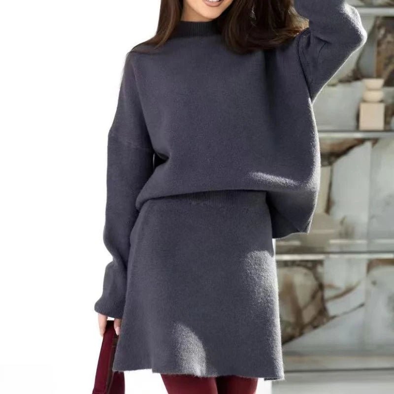 Two - Piece Elegant Solid Long - Sleeve Slim A - Line Mini Skirt Set for Autumn or Winter - American Thistle Two - Piece Elegant Solid Long - Sleeve Slim A - Line Mini Skirt Set for Autumn or Winter