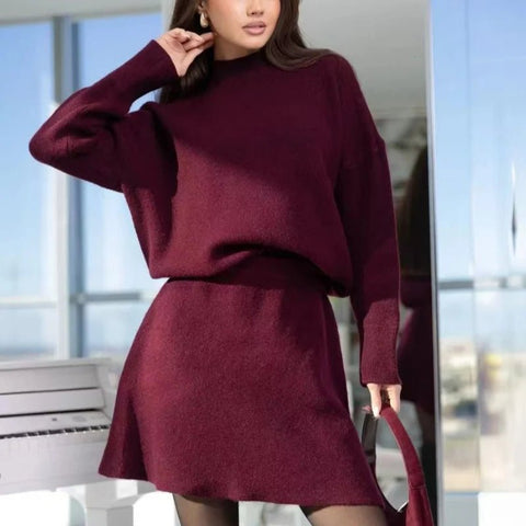 Two - Piece Elegant Solid Long - Sleeve Slim A - Line Mini Skirt Set for Autumn or Winter - American Thistle Two - Piece Elegant Solid Long - Sleeve Slim A - Line Mini Skirt Set for Autumn or Winter
