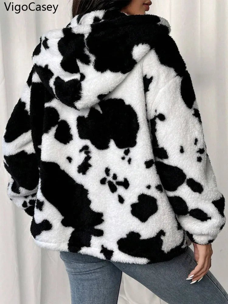 VigoCasey 2025 Women Autumn Casual Jacket Print Zipper Thick Plush Warm Coat Long Sleeve Loose Cardigan Soft Lady Hooded Coat - American Thistle VigoCasey 2025 Women Autumn Casual Jacket Print Zipper Thick Plush Warm Coat Long Sleeve Loose Cardigan Soft Lady Hooded Coat