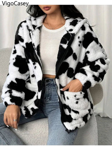 VigoCasey 2025 Women Autumn Casual Jacket Print Zipper Thick Plush Warm Coat Long Sleeve Loose Cardigan Soft Lady Hooded Coat - American Thistle VigoCasey 2025 Women Autumn Casual Jacket Print Zipper Thick Plush Warm Coat Long Sleeve Loose Cardigan Soft Lady Hooded Coat